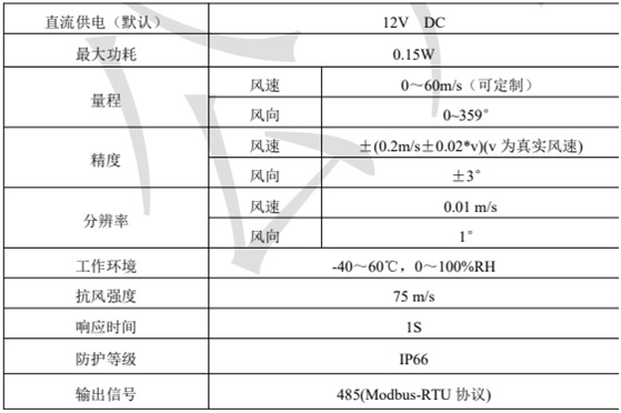 超聲波風速傳感器技術參數詳情圖
